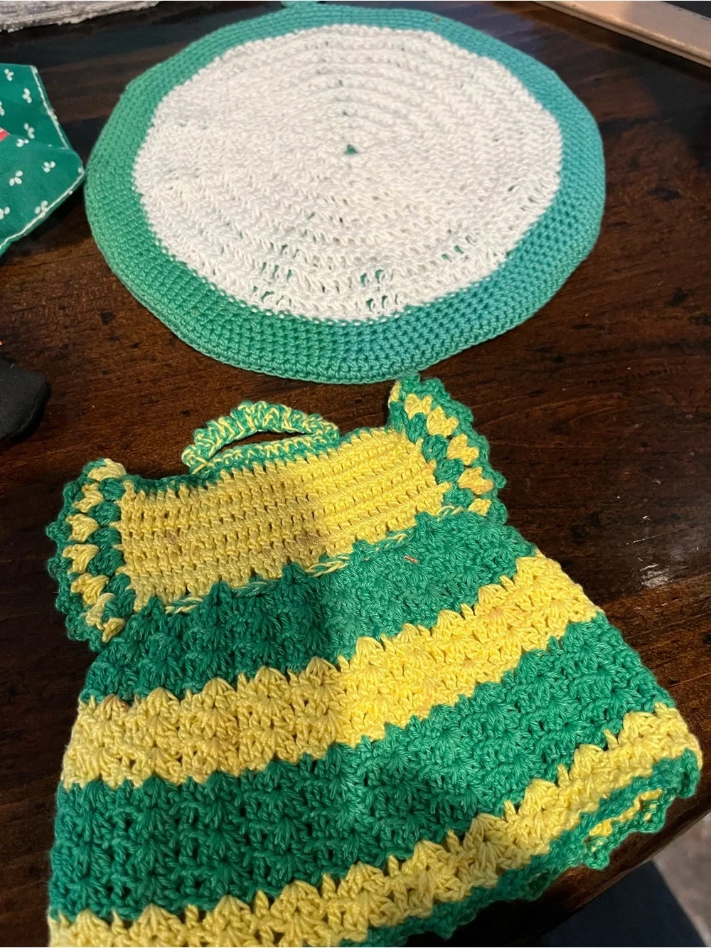 Handmade Green and Yellow Crochet Kitchen Dress Pot Holder and a clock crocheted